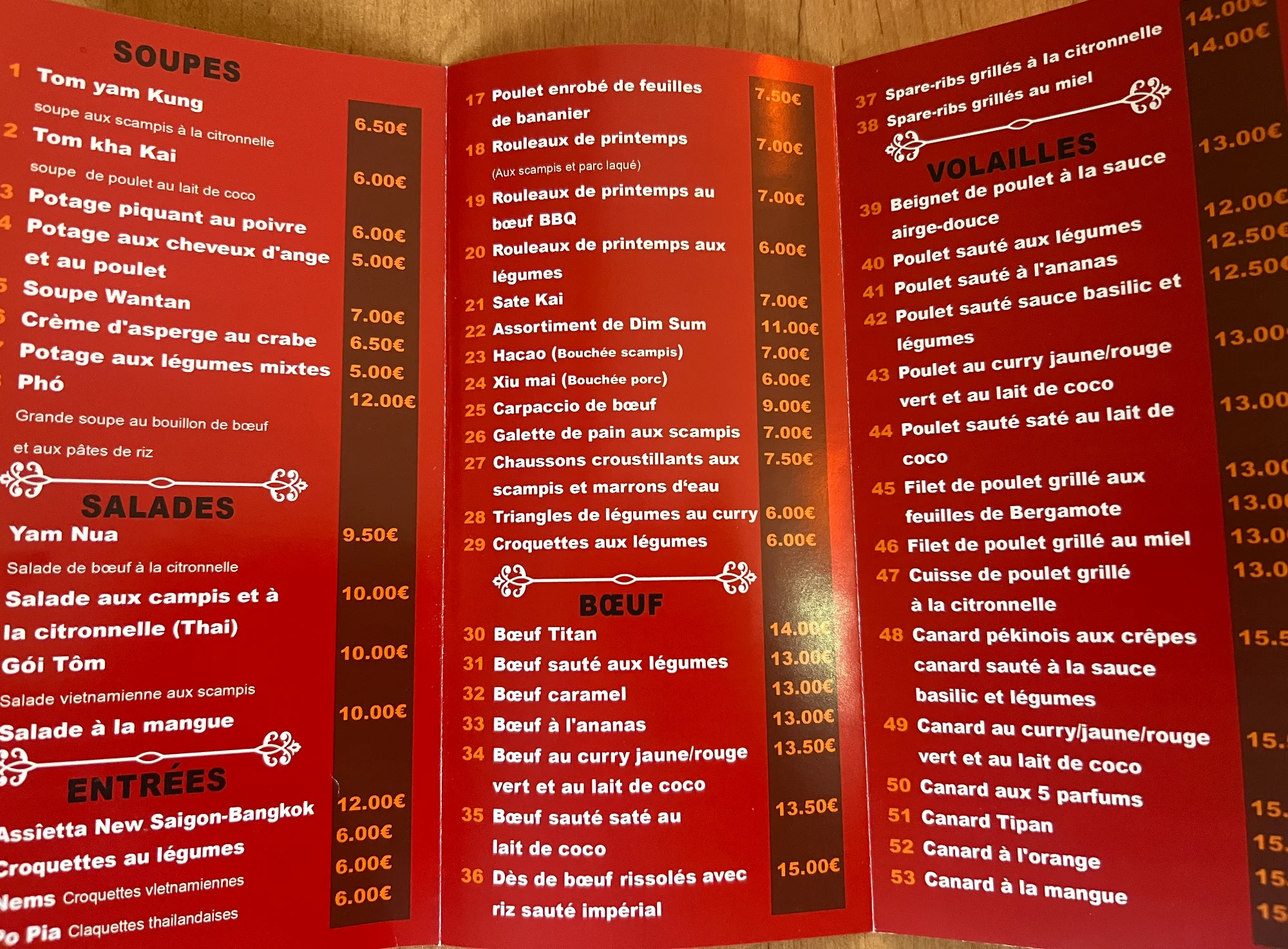 Menu New Saigon Bangkok - Soupes, Salades, Entrées, Bœuf, Volailles