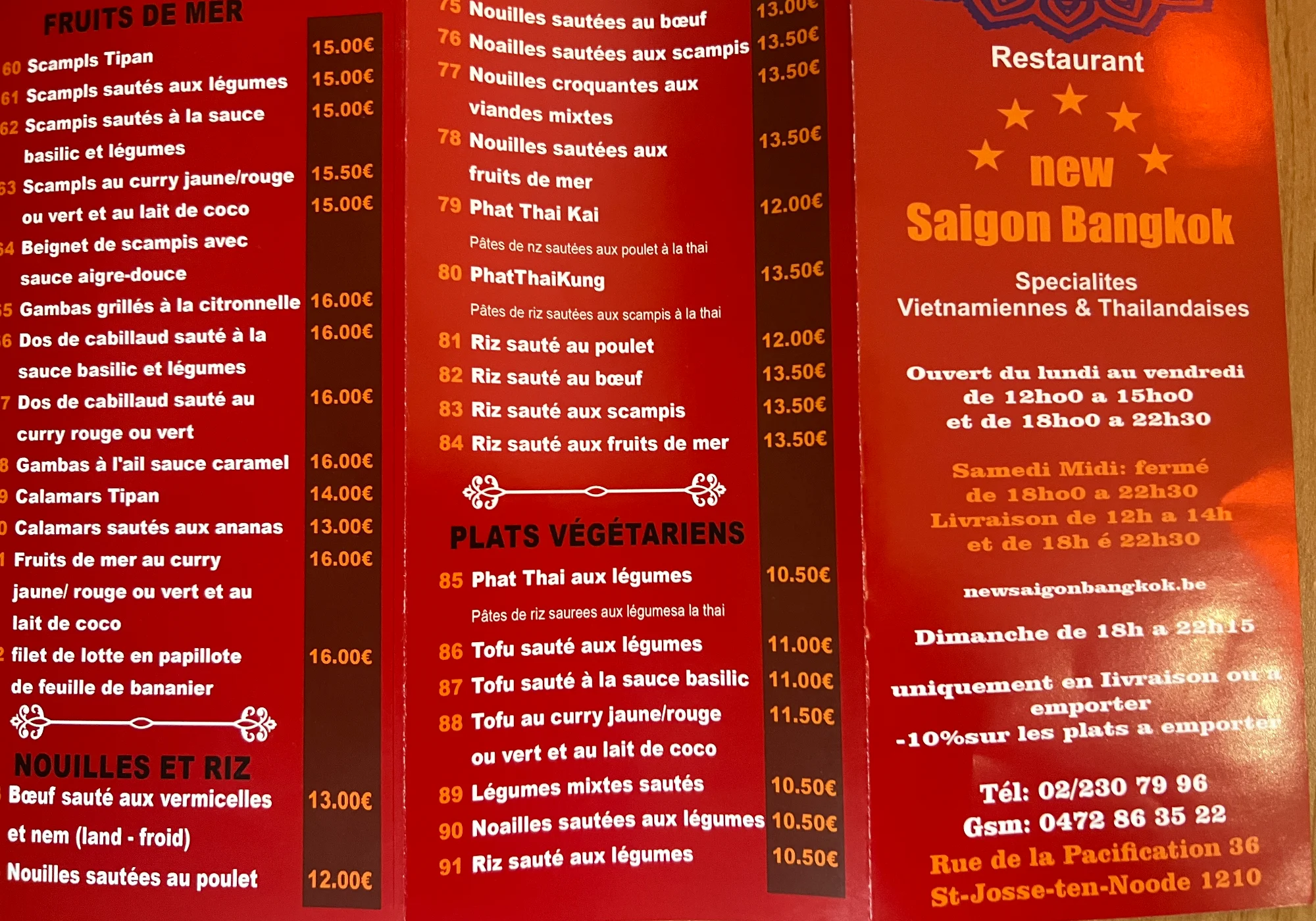 Menu New Saigon Bangkok - Fruits de mer, Nouilles, Végétarien